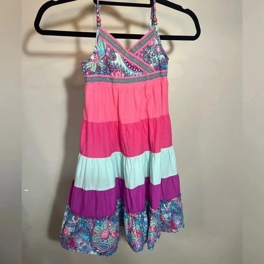 Monsoon Girls Pink Purple Colorblock Paisley Tiered Sundress Size 9-10 Yrs